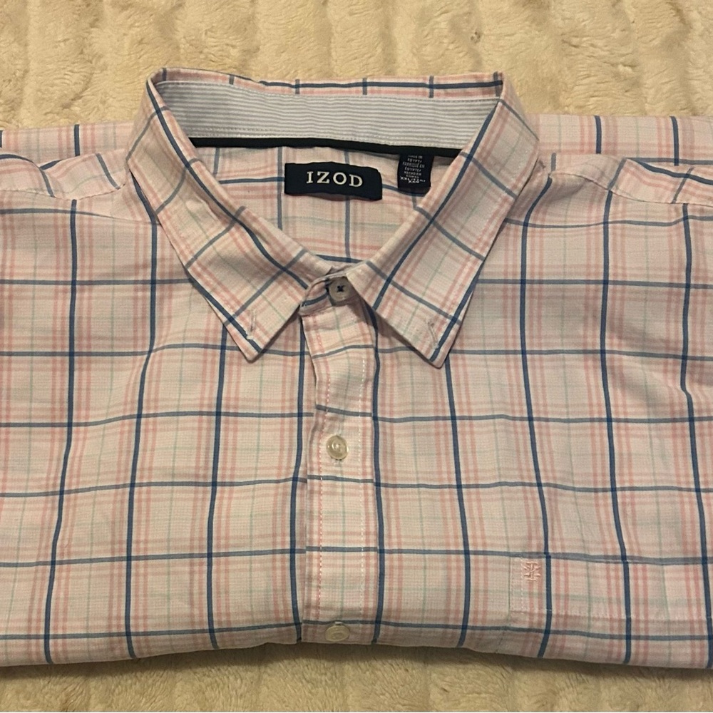 Izod Men's Pink and Blue Plaid Shirt